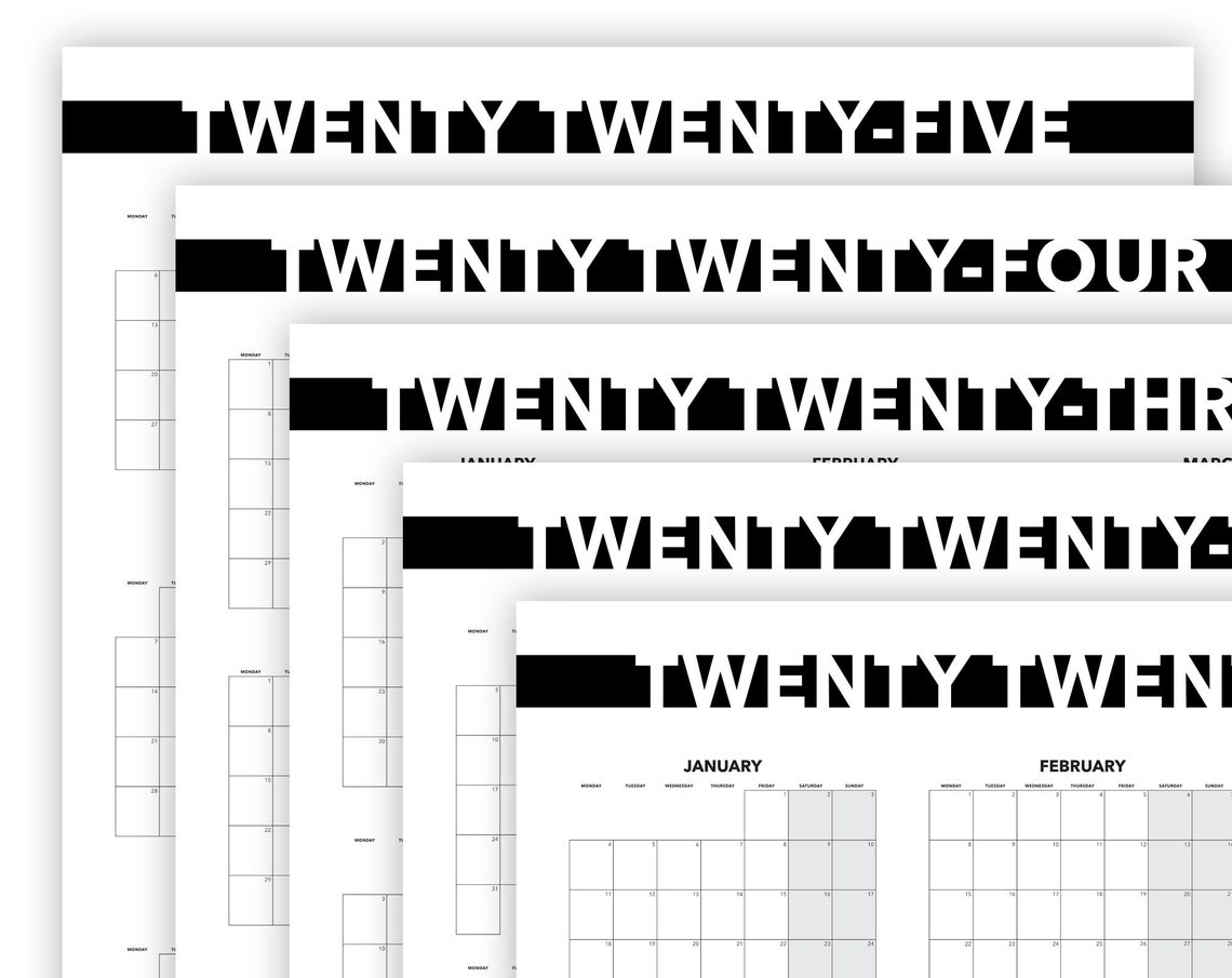 2021 2022 2023 2024 2025 Yearly Calendar Printables Set Monday Start
