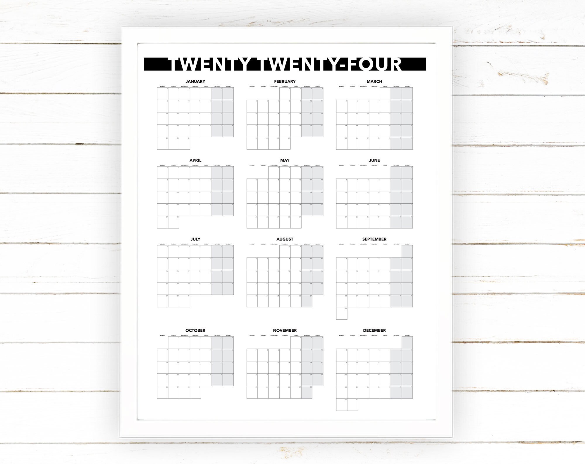 2024 Yearly Calendar Monthly View Printable Blank Dated Month by Month Year View, Extra Large