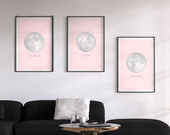 Full Moon, La Lune, La Luna Poster, Printable wall art, Set of 3 prints, Celestial wall art, Black and white art