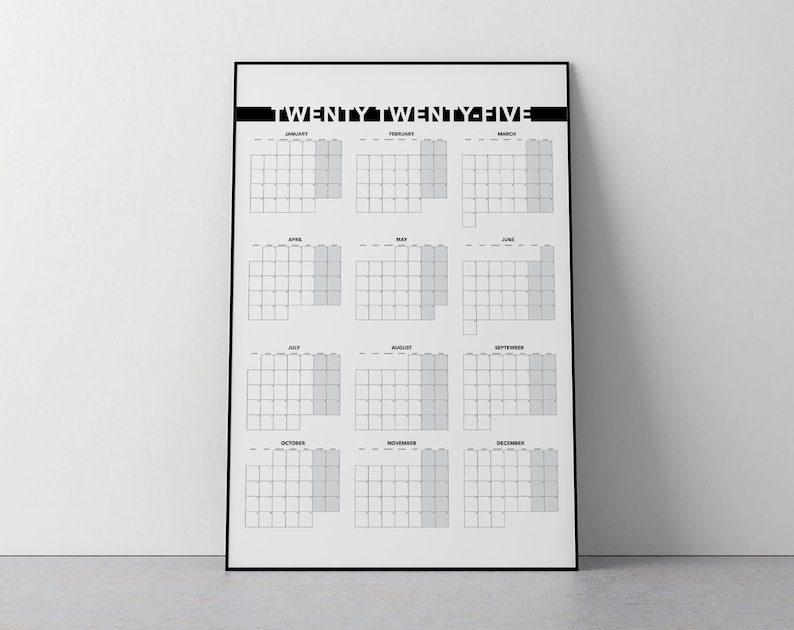 2025 Yearly Calendar Monthly View Printable Blank Dated Month by Month