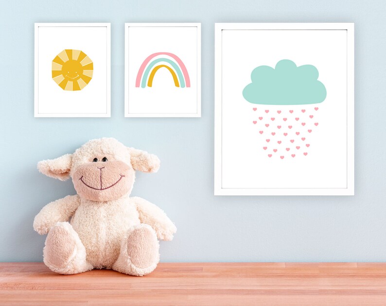 Nursery Wall Decor Set of 3 Prints With Sun Rainbow and Clouds Etsy