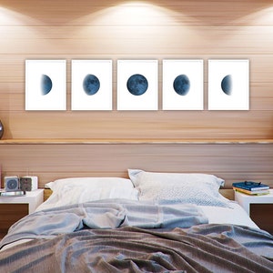 Dark Navy Blue Moon Phase Printable Wall Art Set of 7 Prints Celestial Lunar Art Printables image 2