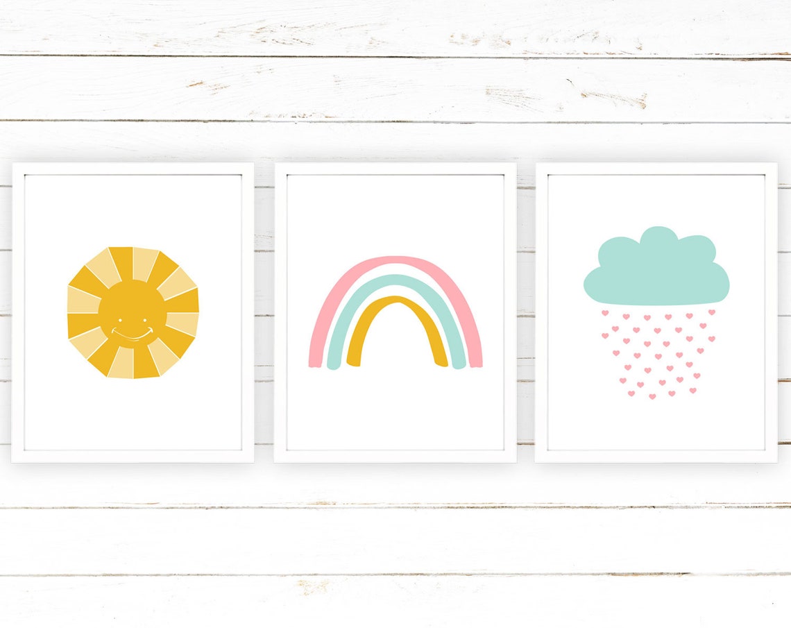 Nursery Wall Decor Set of 3 Prints With Sun Rainbow and Clouds Etsy