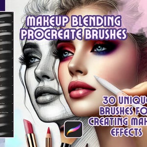 May include: A set of 30 unique Procreate brushes for creating makeup effects. The brushes are designed for blending and creating realistic makeup looks. The image shows a woman's face with makeup applied, and a close-up of the brushes.