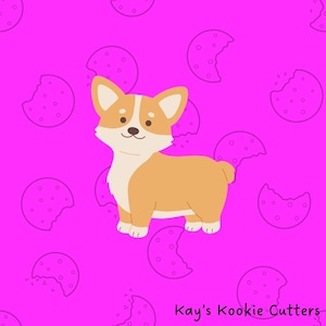May include: A cartoon illustration of a corgi dog with tan and white fur, standing on a bright pink background. The background features a pattern of cookies with bites taken out of them. The text "Kay's Kookie Cutters" is in the bottom right corner.