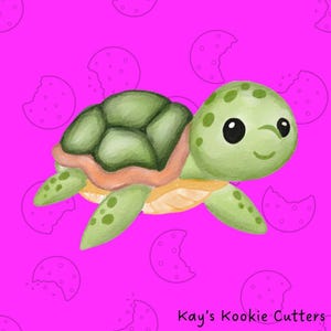 May include: A watercolor illustration of a smiling green sea turtle with a light brown shell and a pink background with cookie outlines. The text "Kay's Kookie Cutters" is in the bottom right corner.