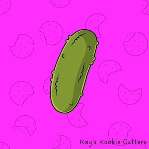 May include: A green pickle illustration with a cartoon style, set against a bright pink background adorned with cookie outlines. The text "Kay's Kookie Cutters" is at the bottom, suggesting a cookie cutter design.