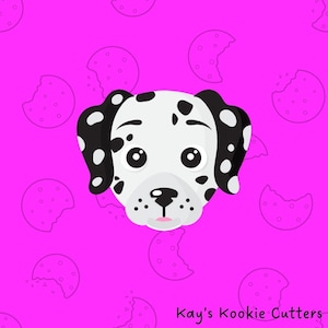 May include: A cartoon illustration of a Dalmatian dog's face with black spots on a white background. The dog has large, round eyes and a pink nose. The background is bright pink with outlines of cookies. The text "Kay's Kookie Cutters" is at the bottom.