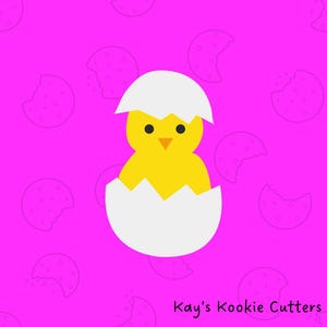May include: A yellow chick peeking out of a white cracked egg shell. The background is pink with outlines of cookies.