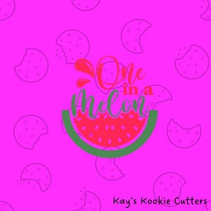 May include: A bright pink background features a repeating pattern of cookie outlines. The image prominently displays a watermelon slice with the text "One in a Melon" in red and green. The words "Kay's Kookie Cutters" are at the bottom.