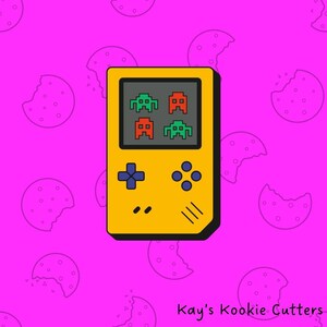 May include: A yellow handheld video game console with a screen displaying pixelated green and red alien figures. The console has a directional pad, buttons, and a speaker. The background is bright pink with a pattern of white cookie shapes.