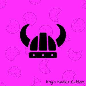 May include: Black Viking helmet cookie cutter on a bright pink background with cookie illustrations. The text "Kay's Kookie Cutters" is in the bottom right corner. This cookie cutter is perfect for making themed cookies.