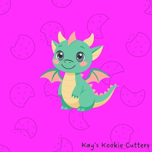 May include: A cartoon dragon cookie cutter with a teal body, pink wings, and yellow horns. The dragon is smiling on a bright pink background with cookie outlines. The text "Kay's Kookie Cutters" is at the bottom.