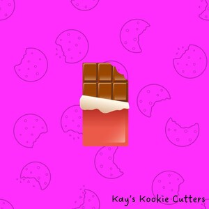 May include: A chocolate bar with a bite taken out, wrapped in red and white packaging, set against a bright pink background with cookie outlines. The text "Kay's Kookie Cutters" is in the bottom right corner.