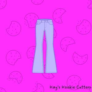 May include: A light blue, flared-leg jeans cookie cutter on a bright pink background with cookie illustrations. The text "Kay's Kookie Cutters" is in the bottom right corner.