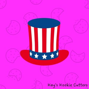 May include: A patriotic Uncle Sam hat cookie cutter with a red brim, blue and white striped body, and a blue band with white stars. The background is pink with cookie outlines.