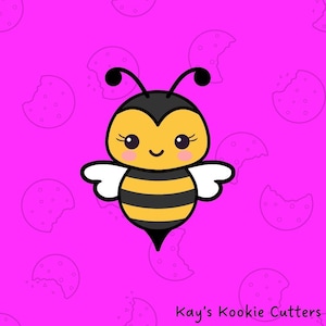 May include: A cartoon bee with a black and yellow striped body, black antennae, and white wings. The bee has a smiling face with rosy cheeks and large eyes. The background is bright pink with a pattern of cookie outlines. The text "Kay's Kookie Cutters" is at the bottom.