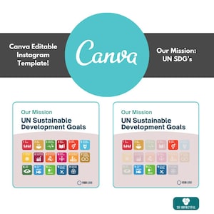 Puede incluir: Dos cuadrados beige con esquinas redondeadas, cada uno con el texto "Nuestra misión: Objetivos de Desarrollo Sostenible de la ONU" y una cuadrícula de 17 iconos coloridos que representan los Objetivos de Desarrollo Sostenible de la ONU. El texto "YOUR LOGO" aparece en un círculo en la parte inferior de cada cuadrado. El texto "SO IMPACTFUL" aparece en un círculo en la parte inferior de la imagen.
