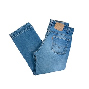 90s True Vintage Levi&#39;s 517 Orange Tabs Size 29/30 W33” - mid-high rise boot cut blue jeans, medium wash denim, faded, USA Made, W33 L26.5