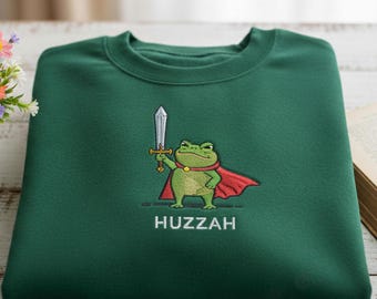 Embroidered Medieval Frog Sweatshirt: Huzzah Frog with Sword
