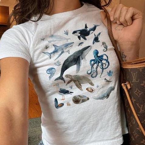 Watercolor Ocean Animals png, Orca Whale Shark Y2k Gift, Coquette 90s Aesthetic, Shirt With Saying