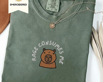 Embroidered Rage Consumes Me Comfort Colors Shirt, Capybara Tee, Nature Lover Tee, Trendy Animal tShirt