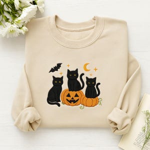 Embroidered Black Cats Pumpkin Sweatshirt, Cute Halloween Hoodie, Spooky Autumn Crewneck, Ghost Bat Cat Lover Gift, Fall Cozy T Shirt