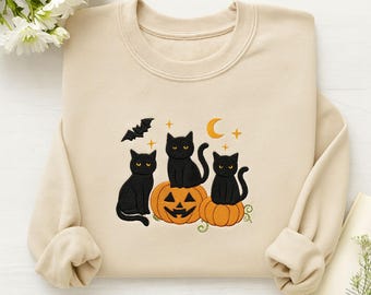 Broderad svart katt pumpa tröja: Spöklik Halloween rund halsringning