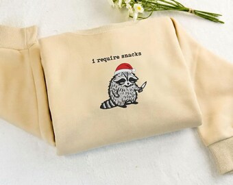 I Require Snacks Embroidered Raccoon Sweatshirt, FunnySnack Lover Gift, Cozy Chaos Hoodie
