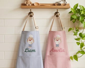 Grembiule da cucina personalizzato con coniglietto ricamato, grembiule da chef con orso per bambini e ragazzi, grembiule da cucina personalizzato ricamato