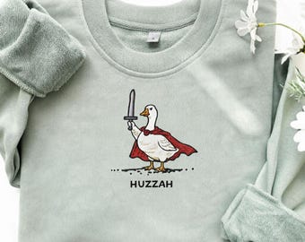 Huzzah Goose Embroidered Sweatshirt, Embroidered Funny Renaissance Faire Frog Hoodie, Medieval Fantasy Gamer Gift