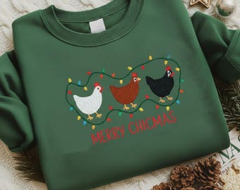Embroidered Christmas Chickens Sweatshirt, Funny Holiday Farm Hoodie