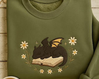 Embroidered Dragon Book Sweatshirt: Cottagecore Fantasy Reader Crewneck