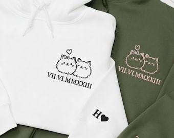 Custom Cat Couple Embroidered Hoodie, Roman Date, Anniversary Gift 