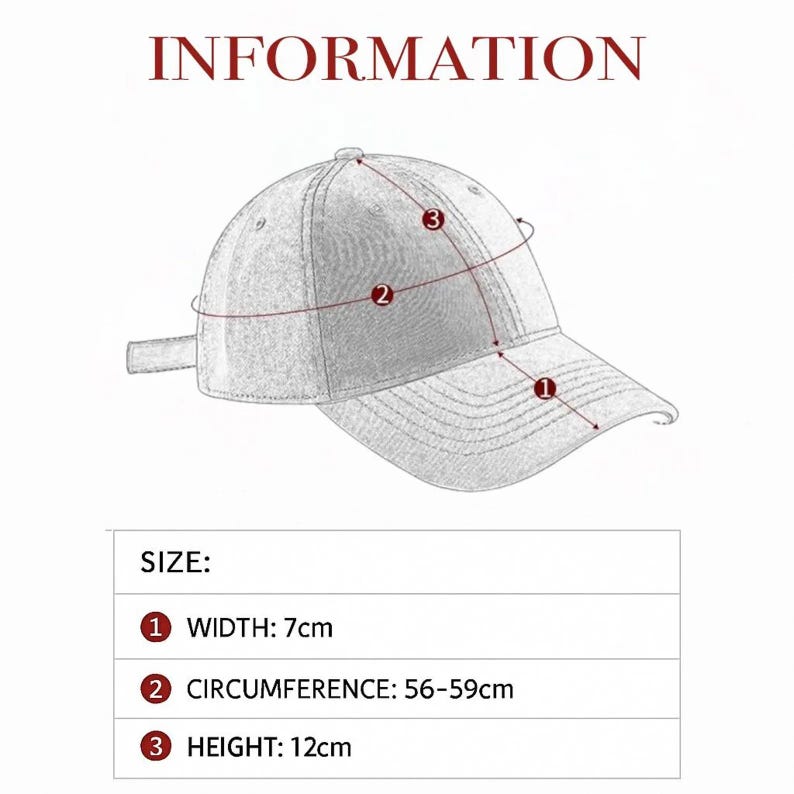 May include: A detailed illustration of a baseball cap with size measurements. The cap's width is 7cm, circumference is 56-59cm, and height is 12cm. The word "INFORMATION" is at the top.