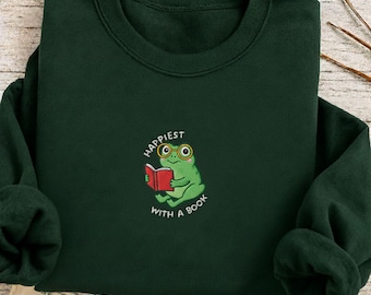 Frog Reading Book Embroidered Sweatshirt, Book Lover Gift