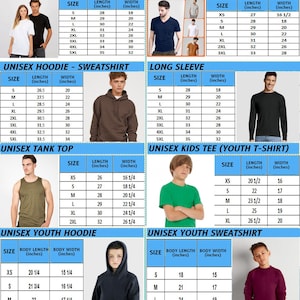 May include: Size chart for various unisex and youth apparel, including tees, V-necks, hoodies, sweatshirts, tank tops, and long sleeves. Measurements are provided in inches for length and width, with sizes ranging from XS to 5XL. Color options are listed at the bottom.