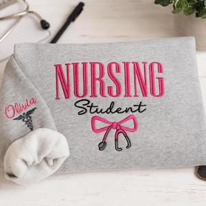 NURSING STUDENT Embroidered Sweatshirt, Bow Stethoscope, Nursing Hoodie, Embroidered Shirt, Nursing School Gifts