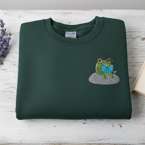 Embroidered Frog Sweatshirt: Cottagecore Book Lover Pullover