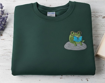 Embroidered Frog Sweatshirt: Cottagecore Book Lover Pullover