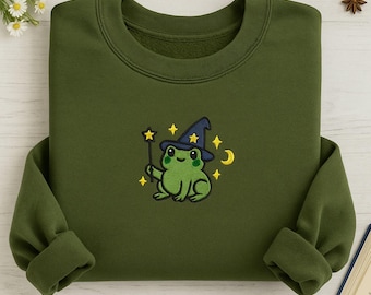 刺繍入りウィザードフロッグスウェットシャツ：コテージコアファンタジーパーカー