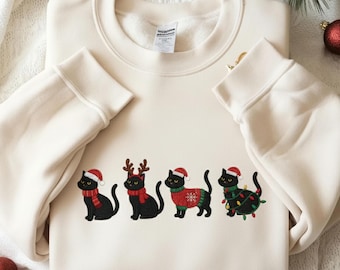 Embroidered Christmas Black Cat Sweatshirt: Cozy Fall Hoodie