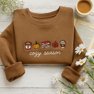 Embroidered Cozy Season Sweatshirt, Cute Autumn Hoodie, Pumpkin Embroidered Bookish T Shirt, Fall Apparel, Spooky Season Halloween Gifts