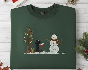 Gesticktes Weihnachts-Sweatshirt, Schneemann und schwarze Katze, Geschenk für Katzenliebhaber