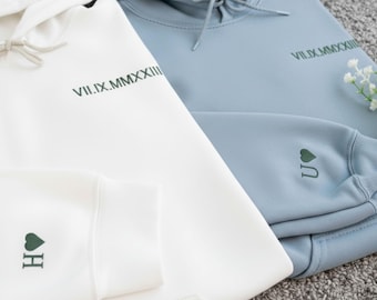 Custom Roman Numeral Embroidered Couple Hoodie, Anniversary Gift