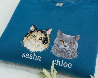Customized Embroidered Cat Mom Crewneck Sweatshirt, Embroidered Pet Portrait hoodie, Cat Mom Gift For Cat Lover, Pet Memorial Gift