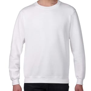May include: A plain white crew neck sweatshirt. The long-sleeved top is made of a soft material and has a ribbed hem and cuffs. The sweatshirt is a versatile piece of apparel.