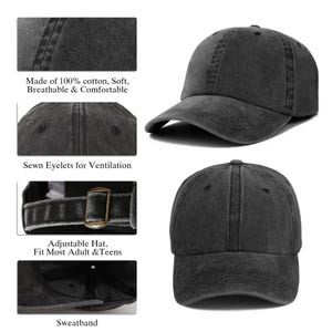 May include: A dark gray baseball cap made of 100% cotton. The cap features sewn eyelets for ventilation, an adjustable strap, and a sweatband. The text on the image says "Made of 100% cotton, Soft, Breathable & Comfortable" and "Adjustable Hat, Fit Most Adult & Teens."