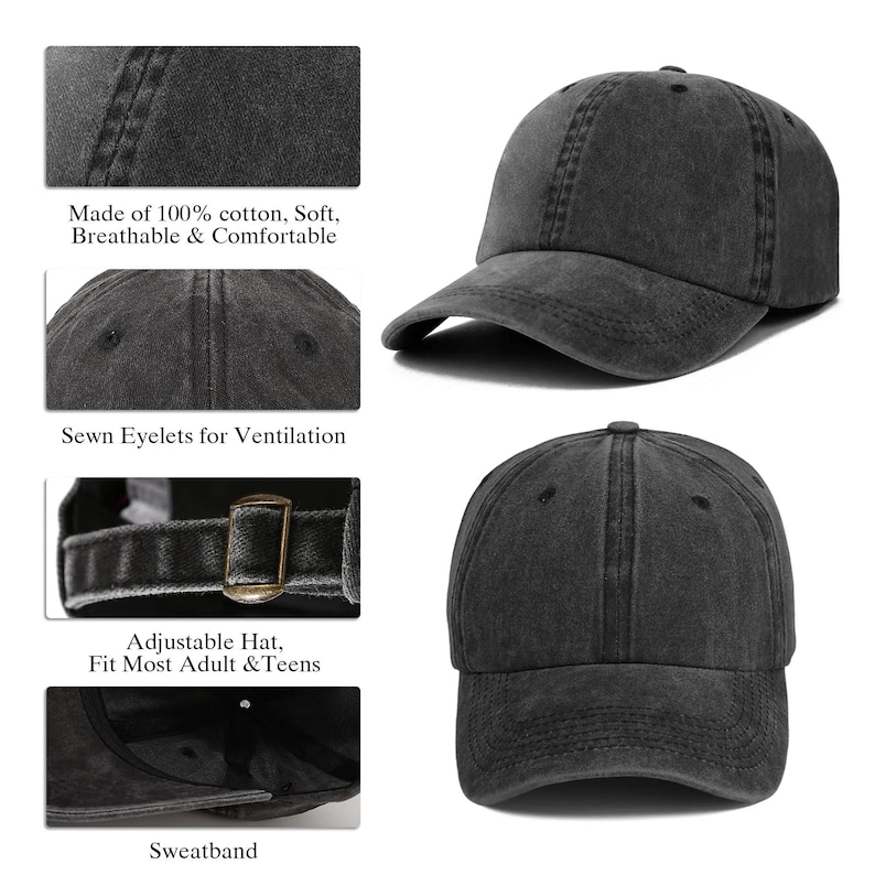 May include: A dark gray baseball cap made of 100% cotton. The cap features sewn eyelets for ventilation, an adjustable strap, and a sweatband. The text on the image says "Made of 100% cotton, Soft, Breathable & Comfortable" and "Adjustable Hat, Fit Most Adult & Teens."