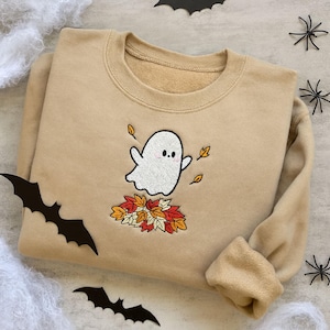 Embroidered Fall Ghost Sweatshirt, Autumn Cozy Season Hoodie, Embroidered Mushroom T Shirt, Halloween Fall Apparel